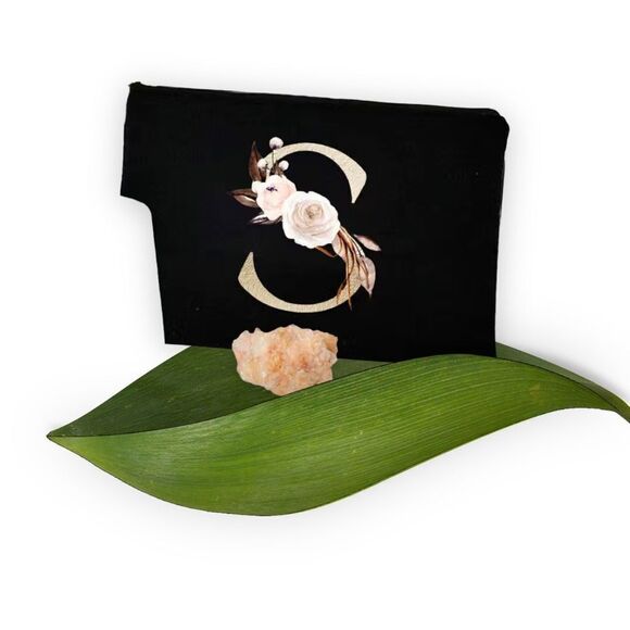 COPY - ZIP TOP BLACK COSMETIC BAG WITH INITIAL - Picture 1 of 8